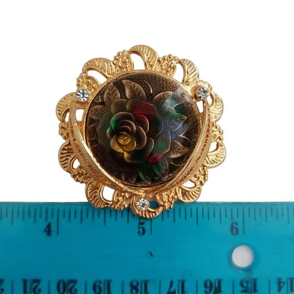 Vintage Round Brooch Gold Tone Filigree With Rose Inset and Rhinestones Like New - Picture 6 of 6